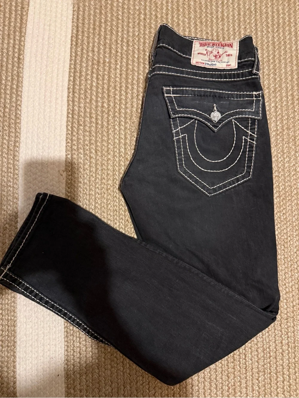 MensTrue Religion Black Straight Flap Natural Big T White Contrast Stitching